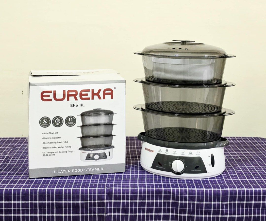 Eureka EFS 11L 3-Layer Food Steamer (Category: Food Organization & Storage) located in Manila. Submitted by kisshadg23 (Listing ID 1436611321, Image 3). Description: - Eureka EFS 11L 3-Layer Food Steamer - Auto shut-off and heating indicator for safety - Includes rice cooking bowl - Two transparent cooking trays (3.5L each) - Double-sided water filling - Available colors: Blue and Gray.