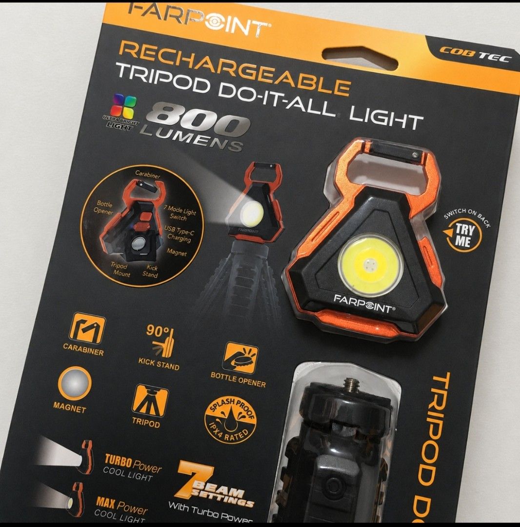 Rechargeable Tripod Farpoint Do-It-All Light 800 Lumens (Category: Tripods & Monopods) located in Calumpit. Submitted by mylittledarlingcloset (Listing ID 1436504262, Image 1). Description: - Farpoint Rechargeable Tripod Light - 800 Lumens - 7 Light Settings: Turbo Cool, Max Cool, Low Cool, Max Warm, Low Warm, Red, Emergency - Features: Carabiner, 90-degree Kickstand, Bottle Opener, Tripod Mount, Magnet - Splash-proof (IPX4) - USB Type-C Charging