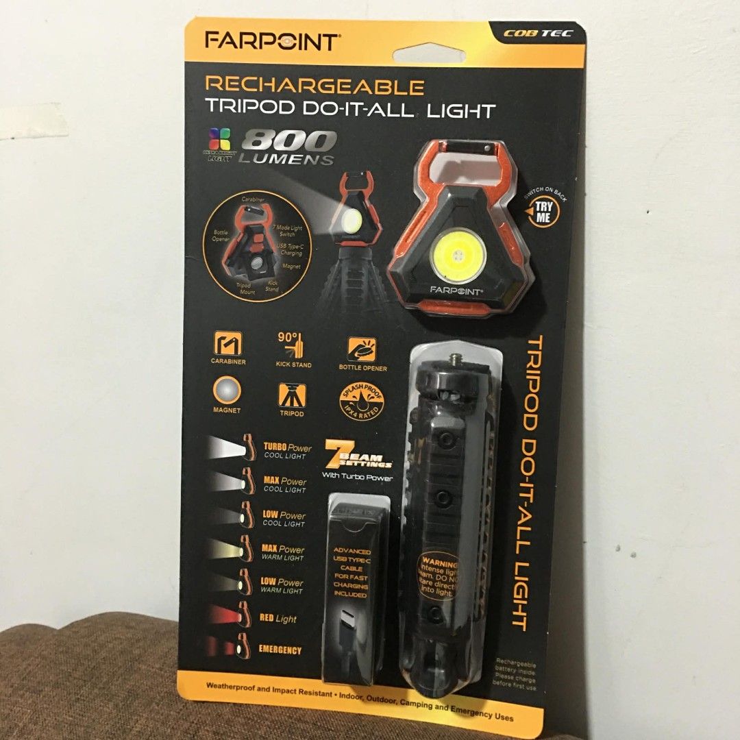 Rechargeable Tripod Farpoint Do-It-All Light 800 Lumens (Category: Tripods & Monopods) located in Calumpit. Submitted by mylittledarlingcloset (Listing ID 1436504262, Image 3). Description: - Farpoint Rechargeable Tripod Light - 800 Lumens - 7 Light Settings: Turbo Cool, Max Cool, Low Cool, Max Warm, Low Warm, Red, Emergency - Features: Carabiner, 90-degree Kickstand, Bottle Opener, Tripod Mount, Magnet - Splash-proof (IPX4) - USB Type-C Charging