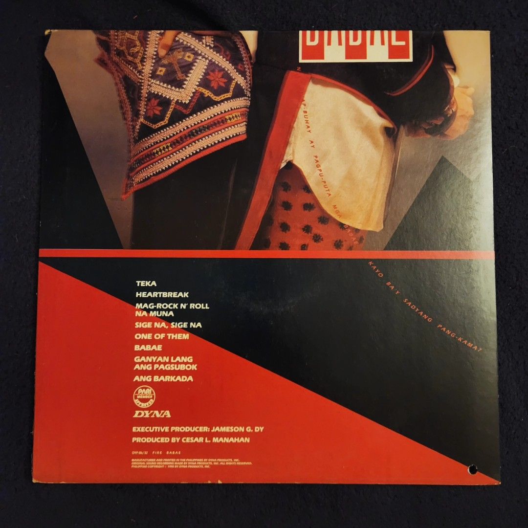 Fire (Ana and Soraya) - Babae Vinyl Record (Category: Vinyls) located in Caloocan City. Submitted by Secondhand_Sureshots (Listing ID 1436626974, Image 2). Description: - Artist: Fire - Album: Babae - Key Tracks: "Teka", "Heartbreak", "Sige Na, Sige Na" - Produced by: Cesar L. Manahan - Release Year: 1990 - Condition: NM.
