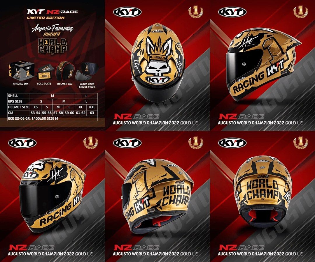 Helmets (Category: Auto Accessories) located in Ipoh. Submitted by dlcc3830 (Listing ID 1436503166, Image 3). Description: The graphic of the gold NZ RACE helmet worn by the World Champion Augusto Fernandez was created by Starline. NZ RACE AUGUSTO WORLD CHAMPION 2022 GOLD L.E., produced in gold metal colour, will be released in a limited edition of 2599 pieces and will have special packaging consisting of: box, helmet bag, numbered and packaged p