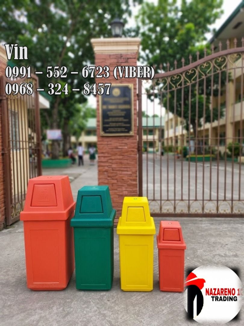 hooded trash bin medium (Category: Storage Boxes & Baskets) located in Bacoor. Submitted by zx400rr (Listing ID 1436474436, Image 1). Description: Durable plastic trash bins in red, green, and yellow. Ideal for schools and offices. Contact Vin for orders..