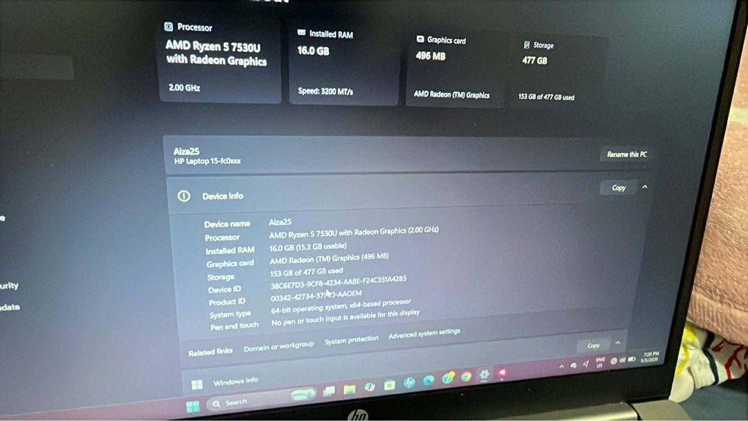 HP Laptop 15-fc0xxx AMD Ryzen 5 (Category: Laptops & Notebooks) located in Rizal. Submitted by bernalkurtlorenz (Listing ID 1436647047, Image 2). Description: - HP Laptop 15-fc0xxx - AMD Ryzen 5 7530U Processor - 16GB RAM - 477GB Storage - AMD Radeon Graphics - Silver Color - 64-bit Operating System - Device ID: 00342-42734-37719-AAOEM Included freebies Canon Pixma Printer.