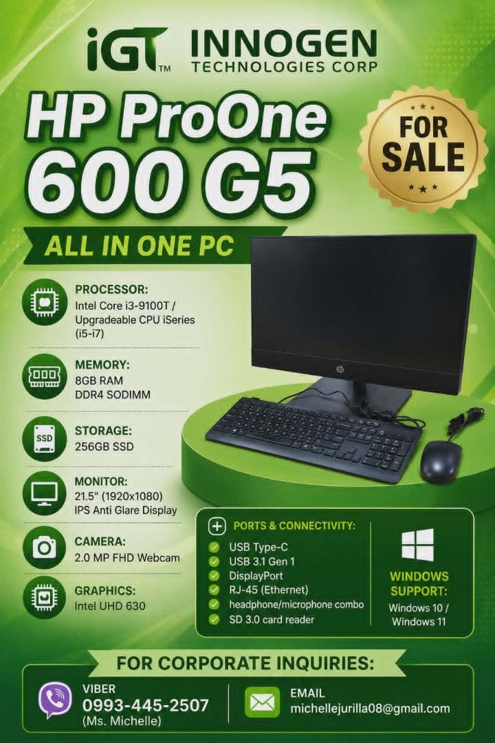HP ProOne 600 G5 All-in-One PC! (Category: Monitor Screens) located in Quezon City. Submitted by marketing2025 (Listing ID 1436493102, Image 1). Description: 🔥 FOR SALE – HP ProOne 600 G5 All-in-One PC 🔥 Looking for a reliable desktop for your office or business? The HP ProOne 600 G5 delivers speed, efficiency, and a clean professional setup in one compact machine! ✅ Intel Core i3-9100T ✅ 8GB RAM DDR4 ✅ 256GB SSD ✅ 21.5" Full HD IPS Display ✅ W