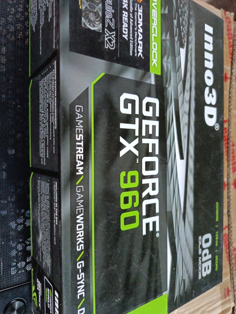 Inno3D GeForce GTX 960 (Category: Computer Parts) located in Calasiao. Submitted by anthonypeter (Listing ID 1436649288, Image 1). Description: - Inno3D GeForce GTX 960 graphics card - Features Gamestream, GameWorks, and G-Sync - Includes 3DMark bundle - Dual-fan design for efficient cooling - 0dB mode for silent operation.