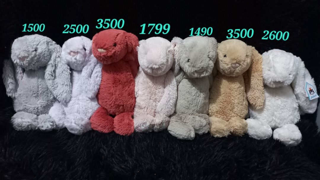 Jellycat Bunny Plush Toys (Category: Plushies & Soft Toys) located in Taguig. Submitted by phlercollections (Listing ID 1436609725, Image 1). Description: - Soft and cuddly Jellycat bunny plush toys. - Available in multiple colors: gray, white, red, pink, beige, brown, and white. - Perfect for kids or collectors. - Great for snuggling or as a decorative piece. - Prices vary..