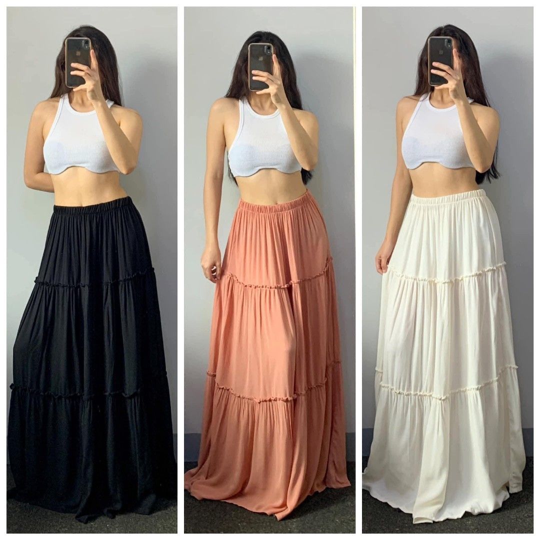 Long summer maxi skirt chifon fabric flowy (Category: Skirts) located in Angono. Submitted by angelrap04 (Listing ID 1436629422, Image 1). Description: one size 24-38 inches stretch waist LENGTH 38-39 inches available colors: offwhite black oldrose peach mustard.
