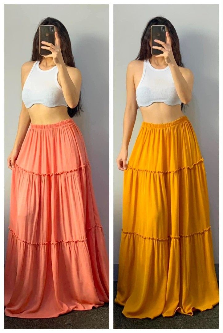 Long summer maxi skirt chifon fabric flowy (Category: Skirts) located in Angono. Submitted by angelrap04 (Listing ID 1436629422, Image 2). Description: one size 24-38 inches stretch waist LENGTH 38-39 inches available colors: offwhite black oldrose peach mustard.