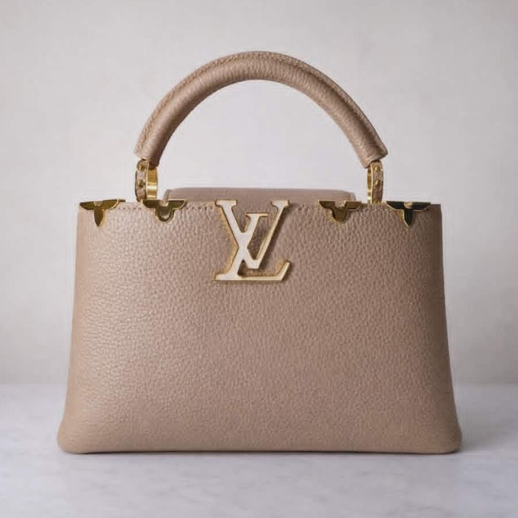 Louis Vuitton Capucines BB Beige Top Handle Bag (Category: Luxury Bags & Wallets) located in Cebu City. Submitted by theluxxaffair (Listing ID 1432372053, Image 1). Description: Louis Vuitton Capucines BB in beige Taurillon leather. A structured top handle bag featuring the signature LV flap closure with gold hardware and the iconic Capucines flower detailing along the top edge. Designed to be carried by hand with the option for shoulder or cross