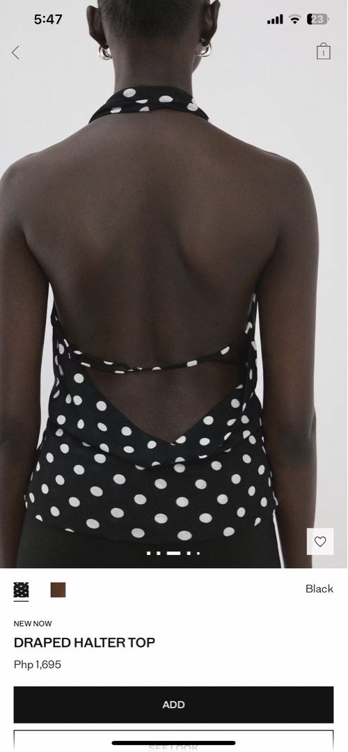 Mango Draped Halter Top (Category: Sleeveless) located in Davao. Submitted by audstuff (Listing ID 1436494111, Image 3). Description: - Black halter top with white polka dots - Features a stylish cowl neckline - Open back design - Made from lightweight, flowing fabric - Perfect for a night out or special occasion - Bought in Mango - Still avail in stores for ₱1695 - Used once only no flaws.
