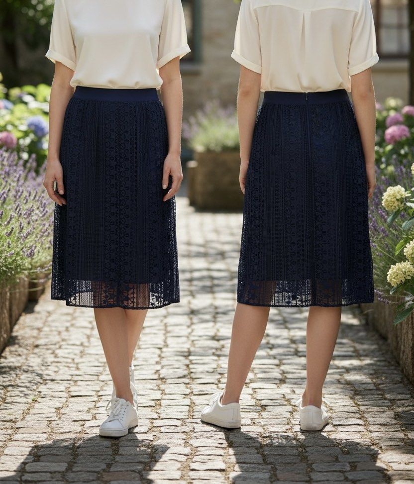 Navy Lace Midi Skirt (Category: Skirts) located in Manila. Submitted by truewind.e362a9 (Listing ID 1436512898, Image 1). Description: - Navy midi skirt - Delicate lace overlay - Fitted waistband - Mid-calf length - Lined for coverage - Suitable for casual and semi-formal occasions - Versatile styling options.
