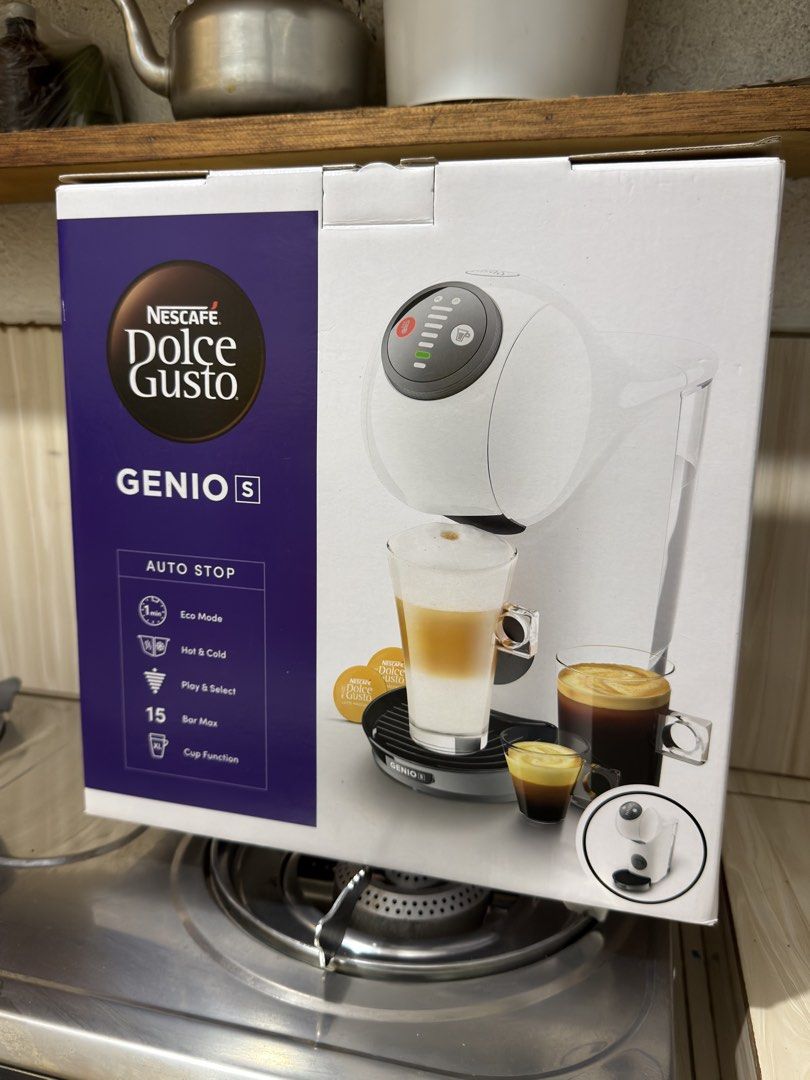 Nescafe Dolce Gusto Genio S Coffee Machine (Category: Coffee Machines & Makers) located in Caloocan City. Submitted by jhomsei (Listing ID 1436612889, Image 1). Description: - Nescafe Dolce Gusto Genio S coffee machine - Auto stop function - Hot and cold beverage options - Play and select feature - 15 bar max pressure - XL cup function - Eco mode - Imported and distributed by Colombo Merchant Philippines, Inc. RFS: Napanalunan sa raffle. Not need