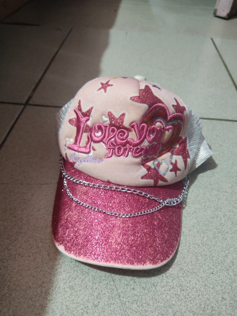 Pink Glitter Cap with Chain Strap (Category: Luxury Bags & Wallets) located in Manila. Submitted by downtown_finds (Listing ID 1436572383, Image 1). Description: y2k cap .