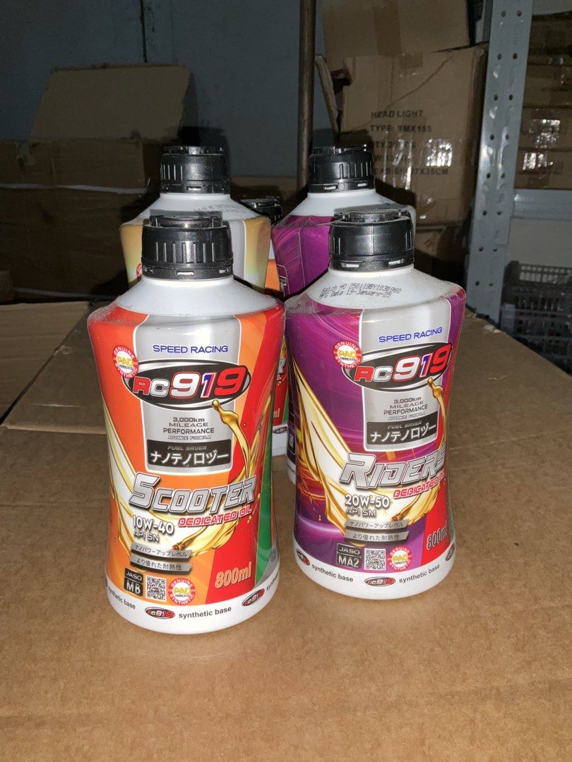 RC919 Scooter/Rider/Engine Flushing Oil (Category: Maintenance Fluids and Filters) located in Manila. Submitted by otlook (Listing ID 1436546109, Image 1). Description: - RC919 Motor Oil for Scooters & Riders - Options: - 0W-40 Scooter Oil (800ml) - 20W-50 Rider Oil (800ml & 1L) - Engine Flushing Oil (1L) - Synthetic Base Oils - Rider Oil: Dedicated formula - Scooter Oil: 3,000km mileage performance.