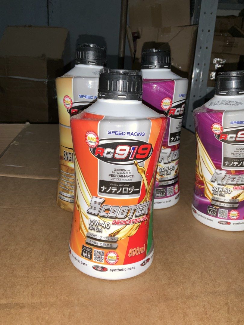 RC919 Scooter/Rider/Engine Flushing Oil (Category: Maintenance Fluids and Filters) located in Manila. Submitted by otlook (Listing ID 1436546109, Image 2). Description: - RC919 Motor Oil for Scooters & Riders - Options: - 0W-40 Scooter Oil (800ml) - 20W-50 Rider Oil (800ml & 1L) - Engine Flushing Oil (1L) - Synthetic Base Oils - Rider Oil: Dedicated formula - Scooter Oil: 3,000km mileage performance.