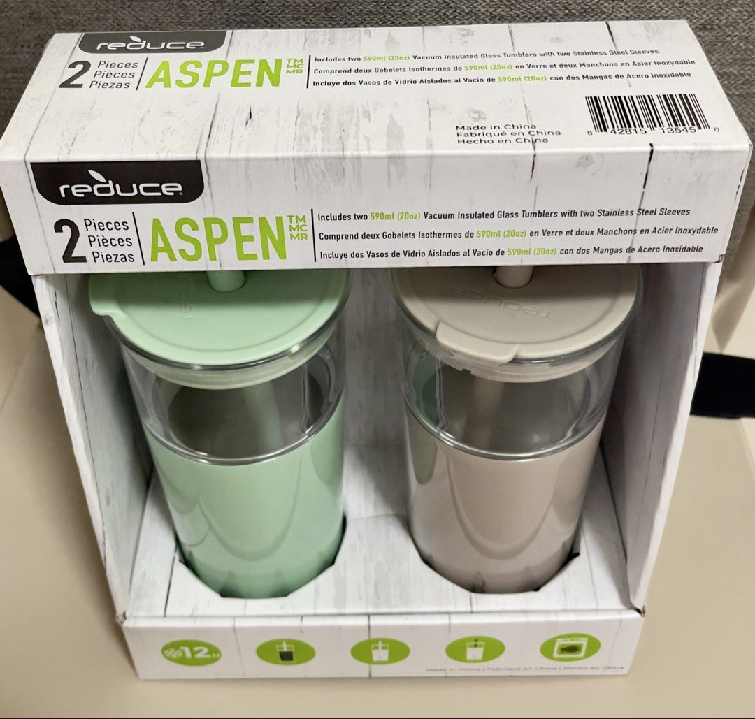 Reduce Aspen Vacuum Insulated Glass Tumblers 2x590mL (Category: Water Bottles & Tumblers) located in Quezon City. Submitted by rjscloset (Listing ID 1436540766, Image 2). Description: - Includes two 590ml vacuum-insulated glass tumblers - Stainless steel sleeves - Keeps drinks cold for up to 12 hours - Extra wide straw - Soft sit base - Ideal for home and on-the-go use.