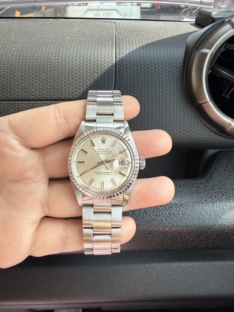 Rolex Datejust Stainless Steel Watch (Category: Luxury Watches) located in Quezon City. Submitted by lsreyes (Listing ID 1436489556, Image 1). Description: Rolex Datejust Condition: 8.5/10 Model: 1603 pie pan silver dial Year: 1975 Serial: 39xxxxx 1570 movement Non quickset date Period correct original strap Recently serviced Watch only, comes with 12 links, can fit up to 6.5 to 7inches wrist size 📍Location: Tandang Sora, Congressional Extension