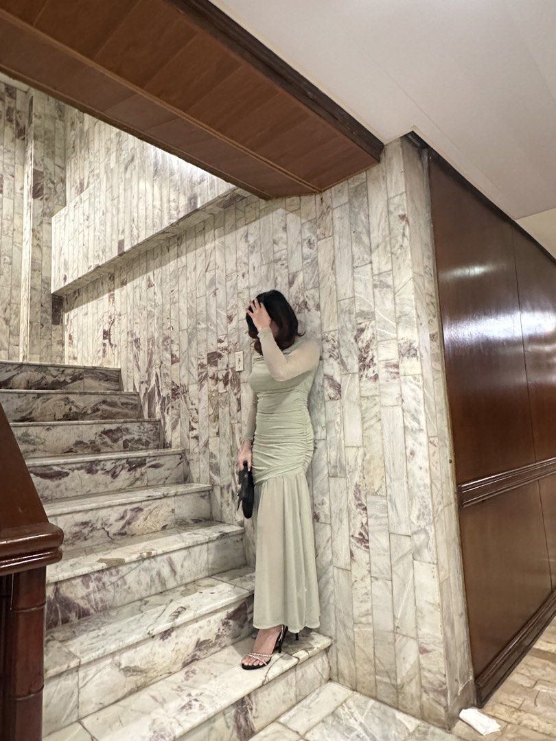 Sage Green Ruched Maxi Dress (Category: Dresses) located in Pasig City. Submitted by summers2022 (Listing ID 1436567629, Image 2). Description: Measurements (in inches) Bust: 31.8 Waist: 28.7 Hip: 35.2 Length: 53.5 Used only once for a wedding - Sage green maxi dress - Ruched bodice - Long sleeves - Flowing skirt - Ideal for special occasions - Light green color - Fitted silhouette - Flattering design .