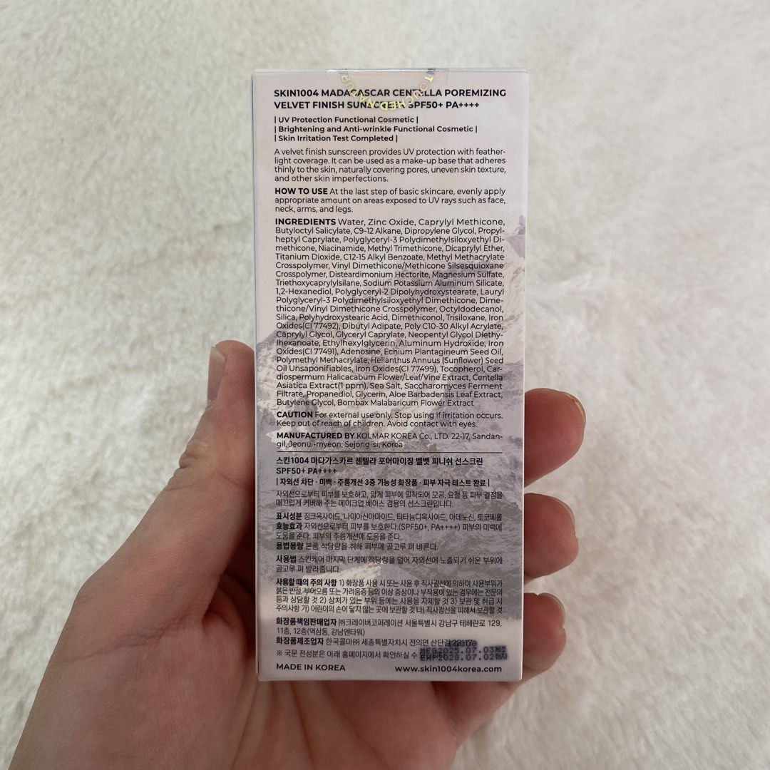 Skin1004 Poremizing Sunscreen (Category: Face Care) located in Cainta. Submitted by villanuevamira19 (Listing ID 1436544509, Image 2). Description: Authentic money back guaranteed. Brand new and sealed. 50ml size. A soft-matte sunscreen with SPF50+ PA++++ that helps control oil, blur pores, and smooth skin texture while protecting from UV rays. Best for oily or combination skin and gives a velvet, non-greasy finish. - High UV protection - Pore-bl