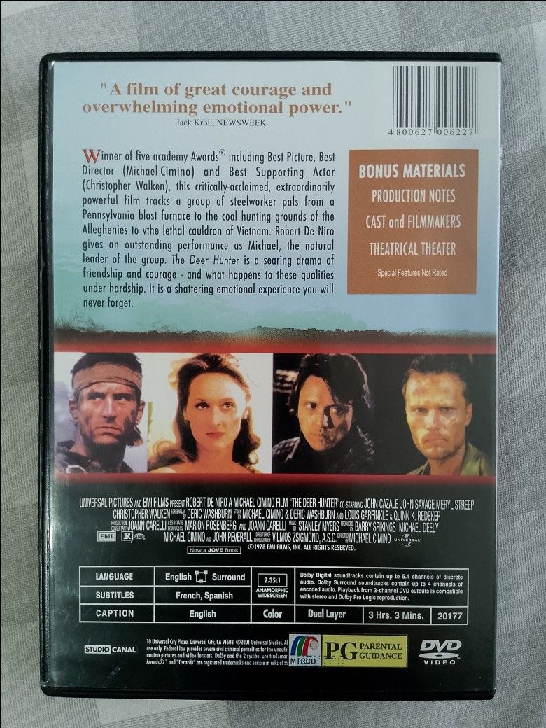 The Deer Hunter DVD (Category: CDs & DVDs) located in Pasig City. Submitted by joeysden (Listing ID 1436615867, Image 2). Description: - The Deer Hunter DVD Region 3 - Starring Robert De Niro - Includes bonus materials - English and Spanish audio - French and Spanish subtitles - Dual-layer disc - PG rated.
