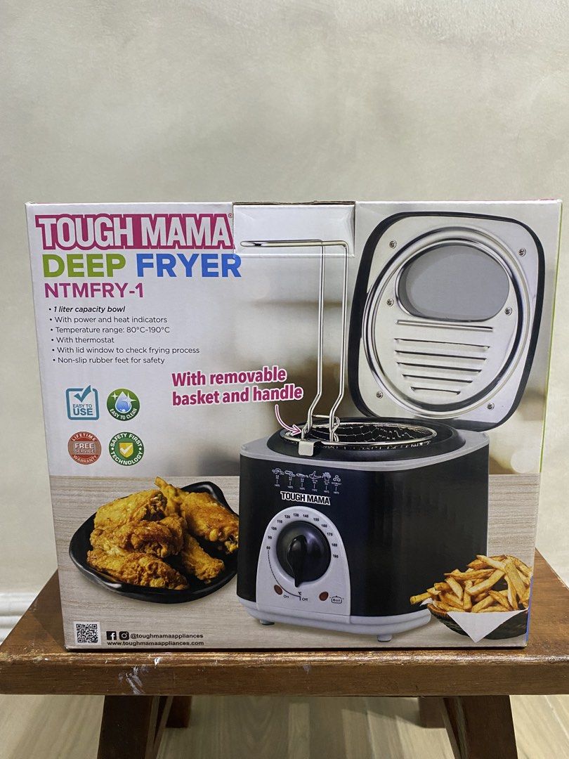 Tough Mama Deep Fryer NTMFRY-1 (Category: Fryers) located in Manila. Submitted by papupeeps (Listing ID 1436617358, Image 1). Description: Tough Mama Deep Fryer NTMFRY-1 with 1-liter capacity bowl. It has power and heat indicators, and a thermostat with a temperature range of 80°C-190°C. The fryer includes a lid with a window for checking the frying process and a removable basket and handle. It also has a non-slip rubber feet for safety..
