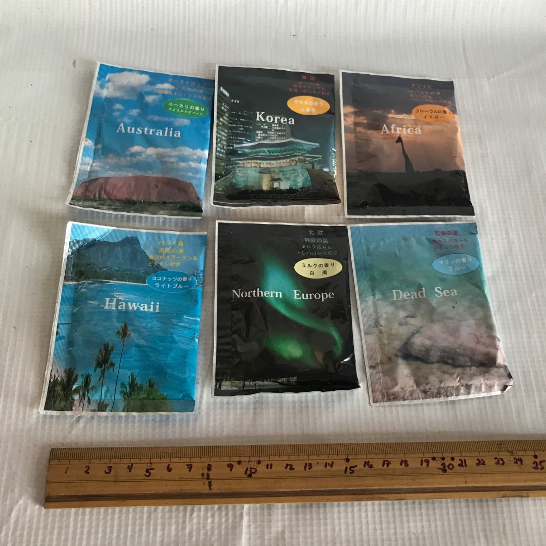 Travel-themed Bath Salts #4621 (Category: Bath) located in Malabon City. Submitted by mldg.surplus (Listing ID 1436579114, Image 1). Description: - Travel-themed bath salts - Scents include: Australia, Korea, Africa, Hawaii (coconut & collagen), Northern Europe, and Dead Sea - Each packet: 25g - Made in Japan MLDG Surplus Reminder: •Expect minimal flaws such as stain, lint, scratches etc. •No reservation, we can accept your offer, but it doesn't 