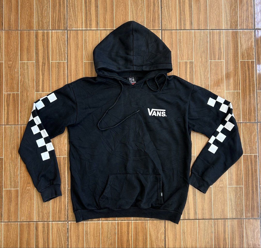 Vans Hoodie with Checkered Sleeves (Category: Hoodies) located in Cagayan de Oro. Submitted by aljay02 (Listing ID 1436536283, Image 1). Description: - Black Vans hoodie - Front pocket - Hood with drawstring - Vans logo on chest - Checkered pattern on sleeves - Made of 100% cotton - Features "Off The Wall" tag inside hood -10/10 color rate -no holes.