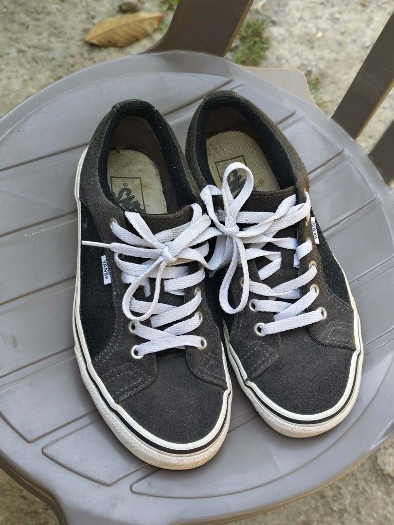 Vans Low Top Sneakers (Category: Sneakers) located in Batangas. Submitted by gojo13 (Listing ID 1436478190, Image 1). Description: - Vans low-top sneakers - Dark grey suede upper - White laces and sole - Vans logo detail - Size: US Men 7 / US Women 8.5 - Made in China.