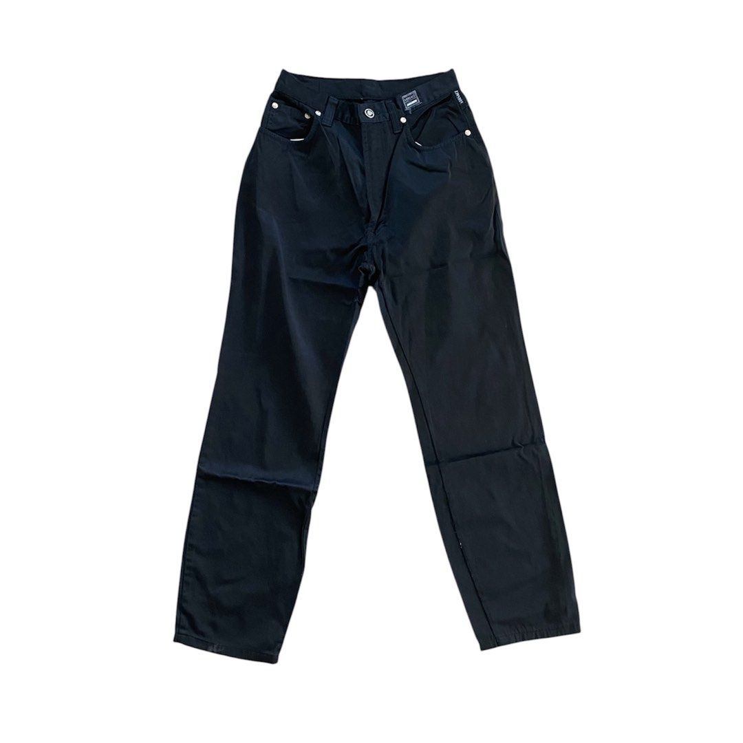 Versace Jeans Couture Black Jeans (Category: Luxury Apparel) located in Gapan. Submitted by sonikku (Listing ID 1436513312, Image 3). Description: Black Versace Jeans Couture jeans. Features a button closure with the Versace logo. Includes the Versace Jeans Couture patch on the back pocket. The jeans have a straight leg fit. The interior tag is visible. The jeans have a classic five-pocket design. Fits waist size 27”-28”.