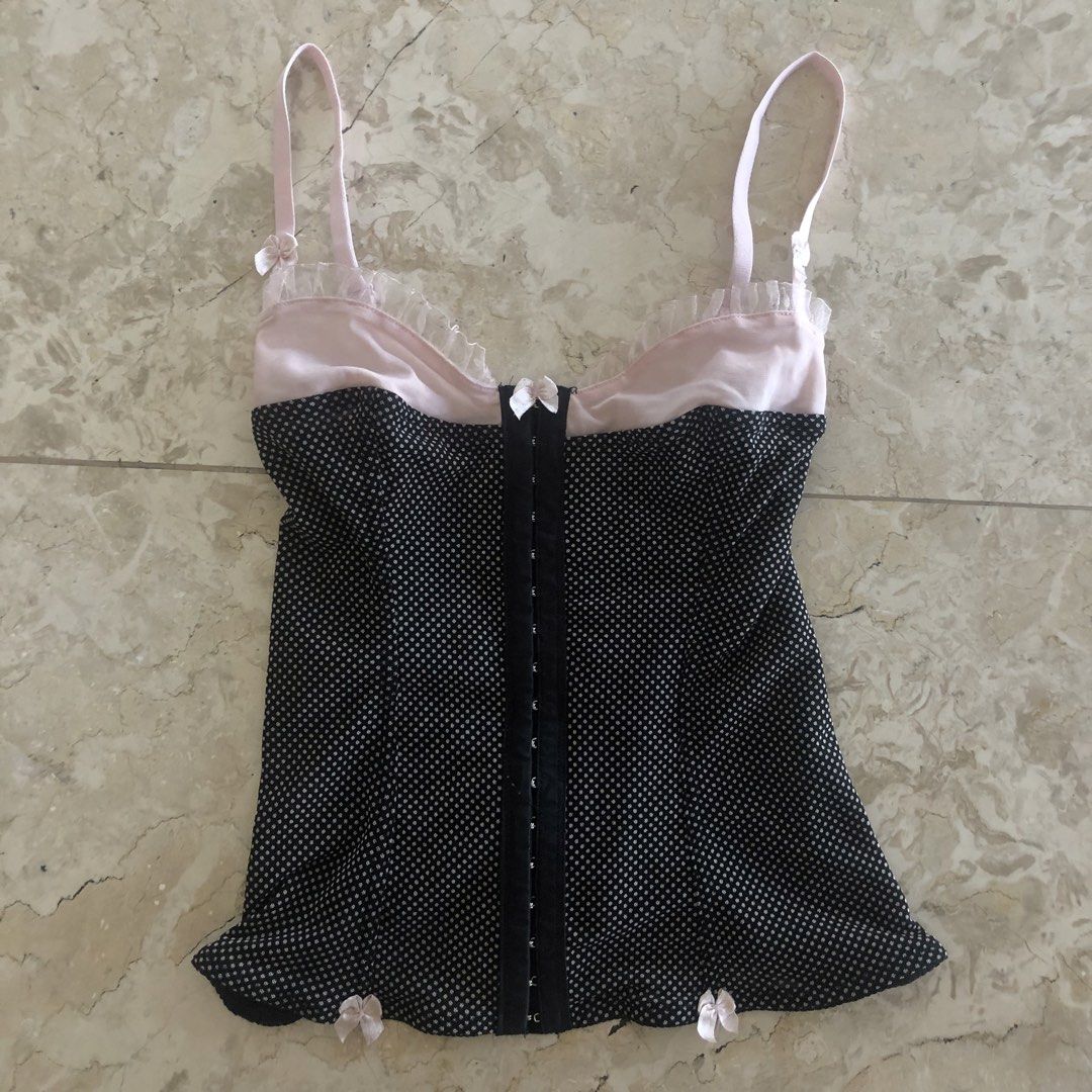 Vintage Pink Polka Dot Corset Top (Category: Others Tops) located in Makati City. Submitted by zprlvd (Listing ID 1436561686, Image 1). Description: fits s-m ᡣ𐭩 fitted vintage polkadot corset with pink bows never worn.