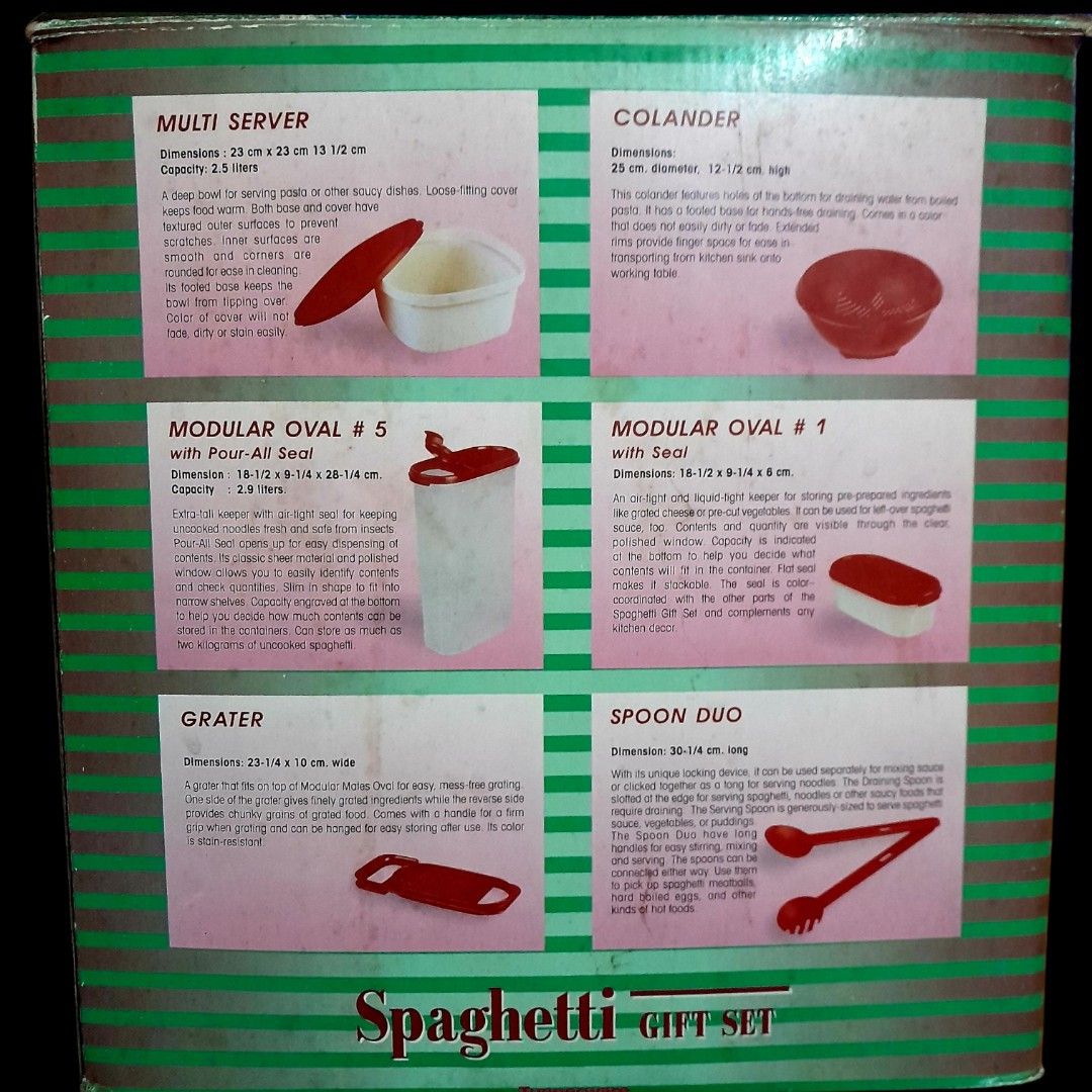Vintage Tupperware Spaghetti Gift Set (Category: Food Organization & Storage) located in Mandaluyong City. Submitted by twixie94147 (Listing ID 1436513628, Image 2). Description: - Vintage Tupperware Spaghetti Gift Set - Includes: Multi-server, Colander, Modular Oval Containers, Grater, Spoon Duo - Classic red and white Tupperware design - Complete set - Perfect for pasta lovers - A vintage kitchen essential.