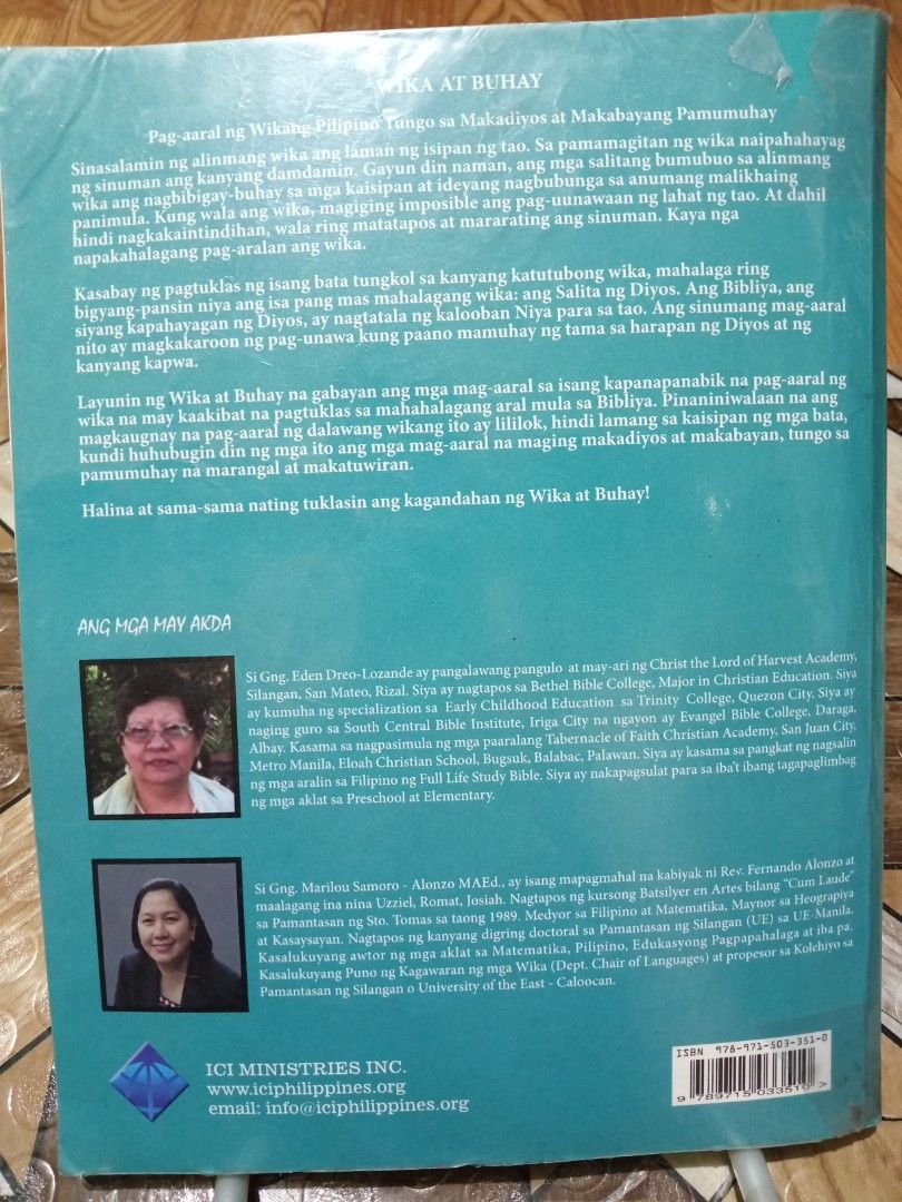 Wika at Buhay 6 Textbook & Teacher's Guide (Category: Textbooks) located in Mabalacat. Submitted by kencloset (Listing ID 1436598756, Image 2). Description: - Wika at Buhay 6 textbook with teacher's guide - Covers Filipino orthography, parts of speech, and grammar. - Published by ICI Ministries, Inc. - Includes content from first to fourth quarters - has writings and answers. used in homeschooling.