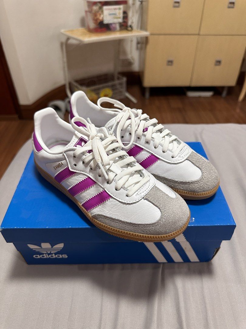 Adidas Samba White Purple Sneakers (Category: Sneakers) located in Manila. Submitted by angelomold04025 (Listing ID 1436761956, Image 1). Description: Adidas Samba Size 2 1/2 US can fit Womens Size 5-6 Like new Used twice 2000 Nego.