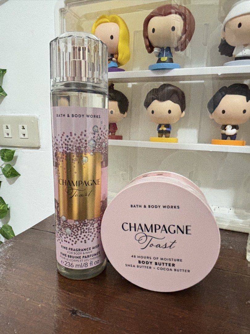 Bath & Body Works Champagne Toast Set (Category: Body Care) located in Caloocan City. Submitted by kisyabooknerd (Listing ID 1436789509, Image 1). Description: - Bath & Body Works Champagne Toast Set - Includes Fine Fragrance Mist (236ml) and Body Butter - Fine Fragrance Mist: For body and hair - Body Butter: Provides 48-hour moisture - Body Butter: Contains shea butter and cocoa butter - Both items in Champagne Toast scent.