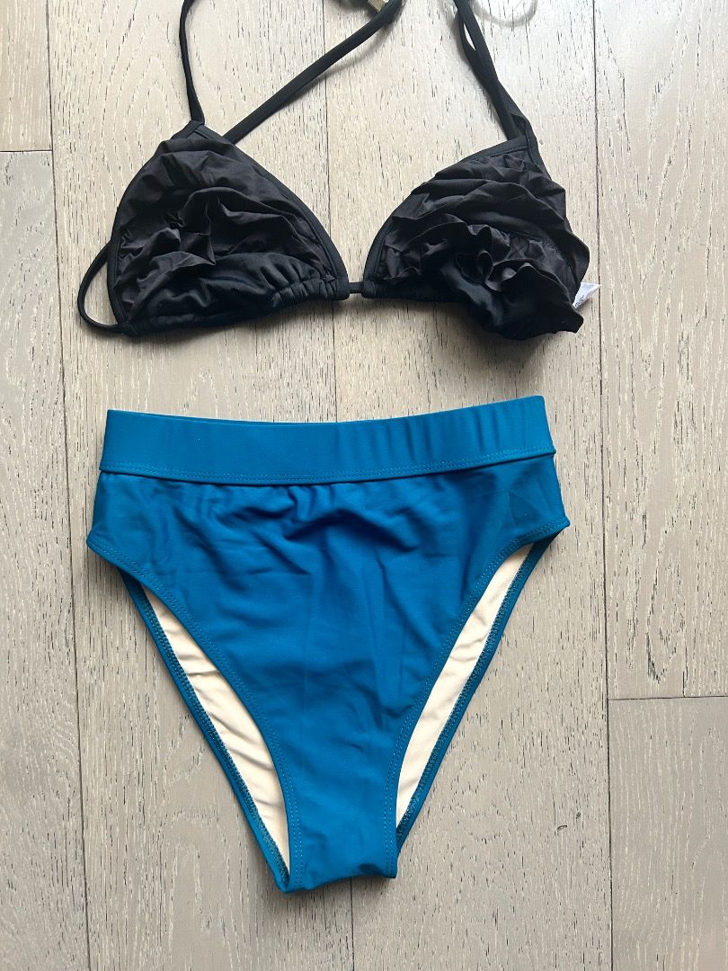 Nudeswim High Waist Bikini Bottom (Category: Bikinis & Swimsuits) located in Makati City. Submitted by at.preloved (Listing ID 1436717447, Image 1). Description: - Black bikini top from Body Swimwear - Teal high-waisted bottoms from Nudeswim (Size M) - Bottoms feature a folded waistband and beige lining.