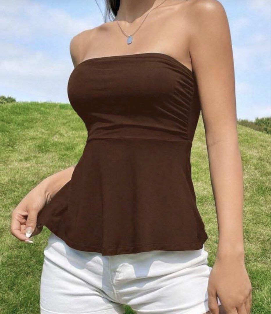 Brown Tube Top with Peplum (Category: Others Tops) located in Manila. Submitted by chloooo.o (Listing ID 1436797596, Image 1). Description: 82 cm bust, 72-108 cm waist, 60 cm length from shein.