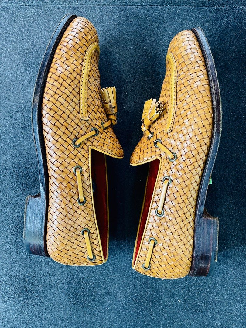 Carmina Woven Leather Loafers (Category: Dress Shoes) located in Makati City. Submitted by chuckap (Listing ID 1436658485, Image 3). Description: ORIG PRICE 75,000!! Only 16,500 Size: 9UK/ 10US Men Color: Tan Condition: well used Sole: good year welted - Carmina woven leather loafers - Light brown color - Tassel detail - Classic loafer silhouette - Leather sole - Red leather lining - Signs of wear on soles.