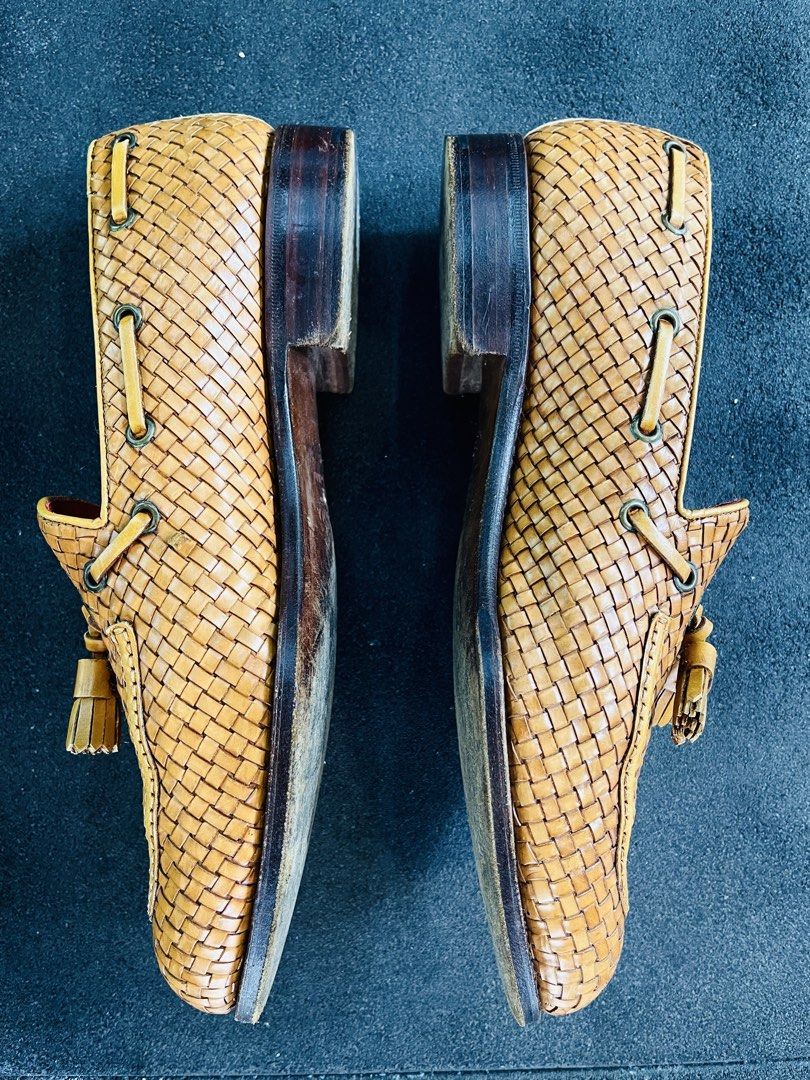 Carmina Woven Leather Loafers (Category: Dress Shoes) located in Makati City. Submitted by chuckap (Listing ID 1436658485, Image 2). Description: ORIG PRICE 75,000!! Only 16,500 Size: 9UK/ 10US Men Color: Tan Condition: well used Sole: good year welted - Carmina woven leather loafers - Light brown color - Tassel detail - Classic loafer silhouette - Leather sole - Red leather lining - Signs of wear on soles.