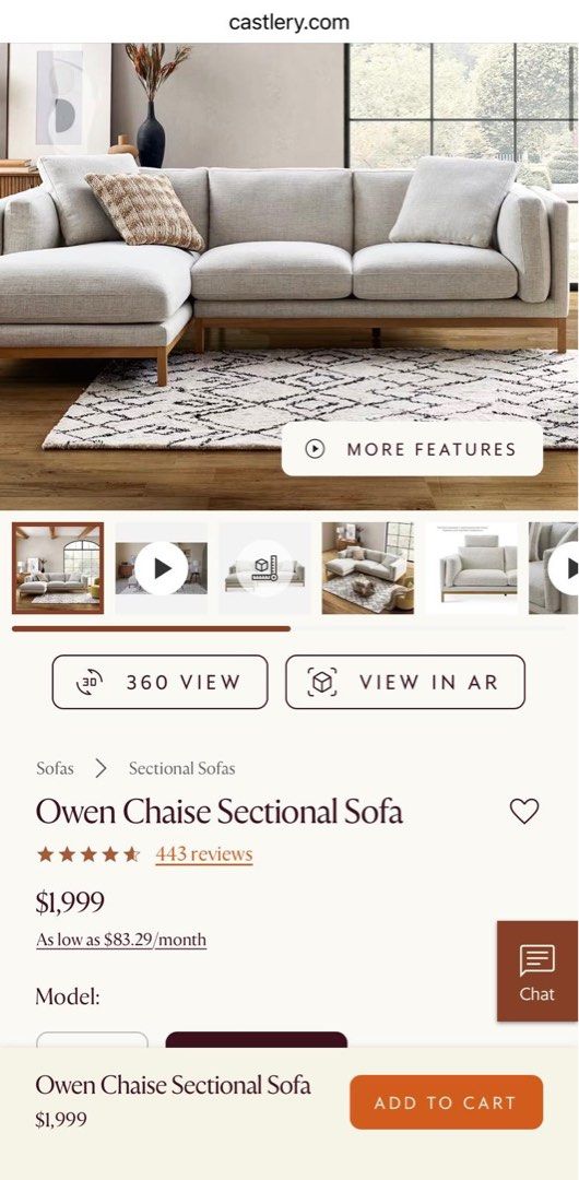 Castlery Owen Chaise Sectional Sofa (Category: Sofas) located in Singapore. Submitted by paddymc (Listing ID 1436663593, Image 2). Description: - Castlery Owen Chaise Sectional Sofa - Stylish and comfortable design - Light beige fabric - Wooden legs - Dimensions: 256cm (L) x 166cm (W) x 81cm (H) - Cushion covers are removeable and can be cleaned - available for collection 20-21 May or 2-5 June.