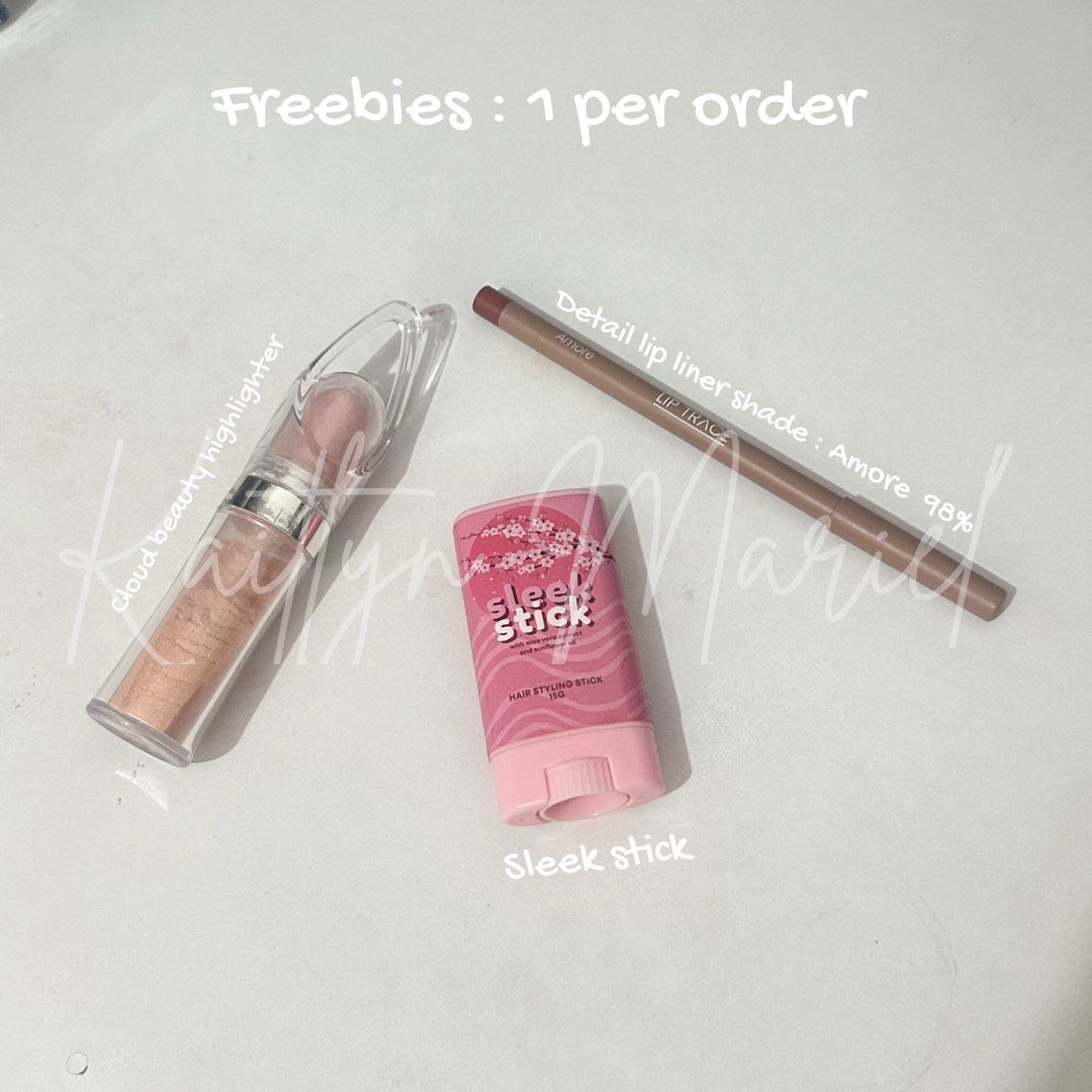 Cloud Beauty Highlighter + Lip Liner + Sleek Stick (Category: Makeup) located in Quezon City. Submitted by closetncherries (Listing ID 1436803474, Image 1). Description: - Freebies included (one per order): - Cloud Beauty highlighter (shimmery finish) - Detail lip liner in Amore shade (neutral, 98% full) - Sleek stick hair styling stick.