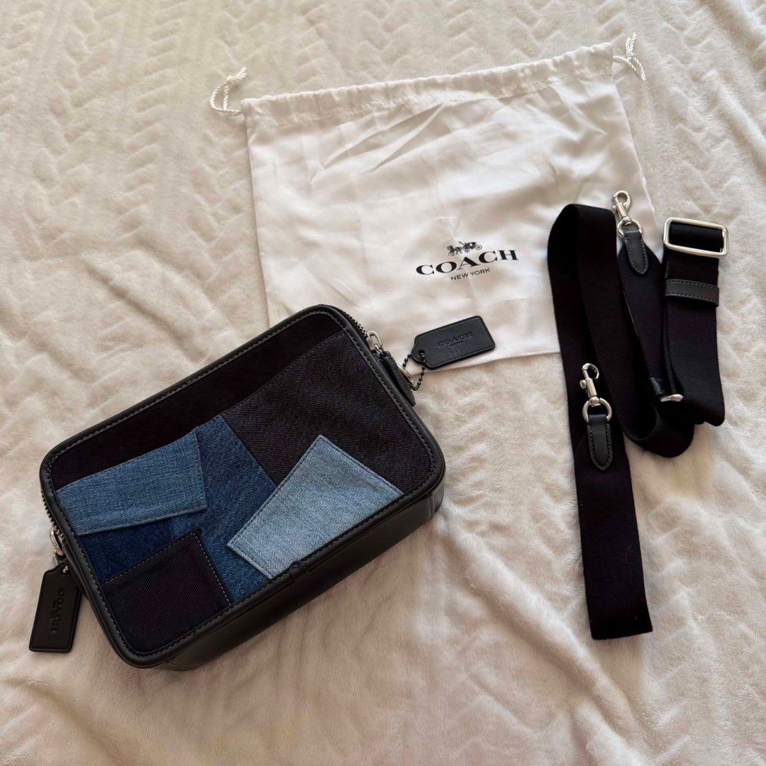 Coach Denim Patchwork Crossbody Bag (Category: Shoulder Bags) located in Taguig. Submitted by declutterprince2 (Listing ID 1436673448, Image 3). Description: Coach Denim Patchwork Crossbody Bag Details: > Brand: Coach > Style: Crossbody / Camera Bag > Material: Leather + Denim Patchwork > Color: Blue multi-tone with black leather trim > Closure: Double zip > Strap: Adjustable crossbody strap > Condition: Like new (used less than 5x) > Bought in M