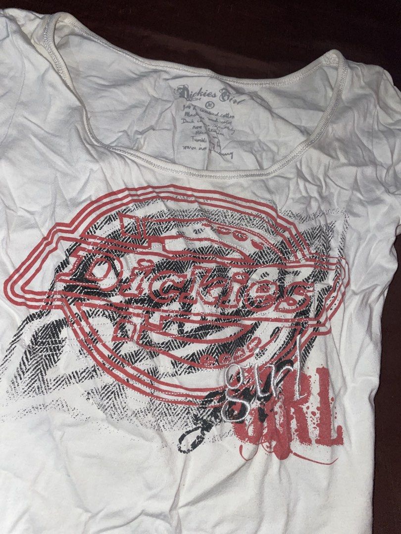 Dickies Girl White Graphic Tee (Category: Shirts) located in Quezon City. Submitted by radiusmile (Listing ID 1436796306, Image 2). Description: - White Dickies Girl t-shirt - Graphic print on front - Scoop neck - Short sleeves - Fitted silhouette - Dickies logo in red and black - Dickies tag near hem - Can fit extra small to semi-medium.