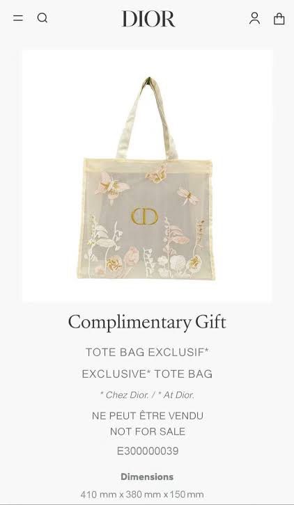 Dior Complimentary Gift Tote Bag (Category: Luxury Bags & Wallets) located in Manila. Submitted by mayserrano16 (Listing ID 1436664127, Image 3). Description: - Dior Gift Tote Bag - Delicate design with embroidered butterflies and floral details - Transparent body - Cream-colored trim and handles - Gold 'CD' logo - Complimentary gift bag.