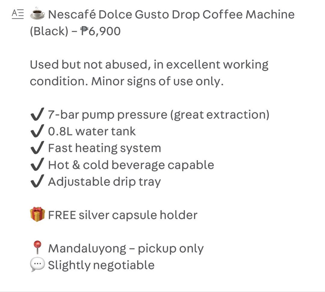 Dolce Gusto (Category: Beverages) located in Mandaluyong City. Submitted by assortedthingslists (Listing ID 1436682916, Image 3). Description: Slightly negotiable ₱5,999.