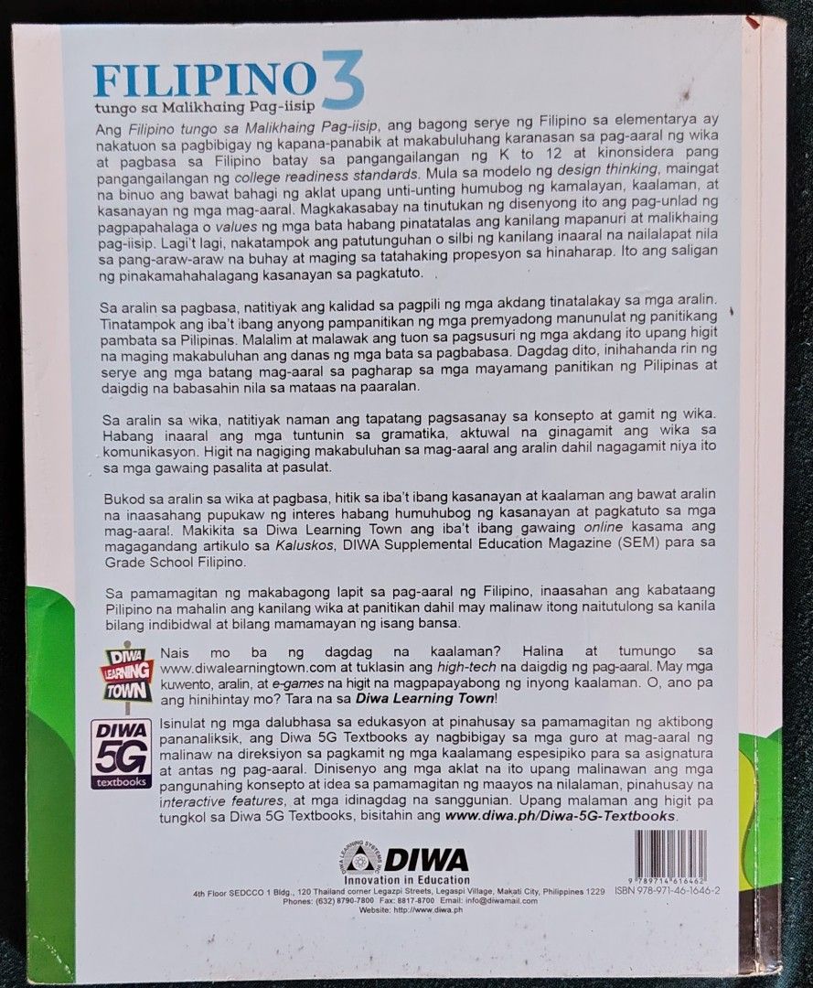 Filipino Grade 3 Textbook (Category: Textbooks) located in Paranaque City. Submitted by dudezz1222 (Listing ID 1436696268, Image 2). Description: - Grade 3 Filipino textbook - Part of the Diwa 5G Textbooks series - Focuses on Filipino language and creative thinking - Published by Diwa Learning Town - Includes content information on the back cover.