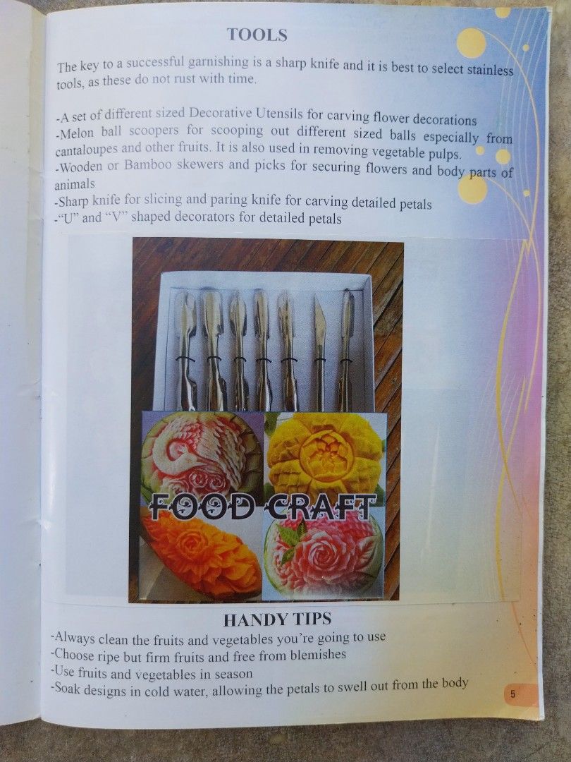 Food Craft Carving Tools Set with Book (Category: Craft Supplies & Tools) located in Lipa City. Submitted by billy_lojo888 (Listing ID 1436785820, Image 3). Description: - Food carving tool set - Includes a variety of tools - Comes with "The Book of Food Craft" by Rosella Aguado Luneta - Tools stored in a denim-like case - Features examples of food art - Suitable for beginners and advanced carvers.
