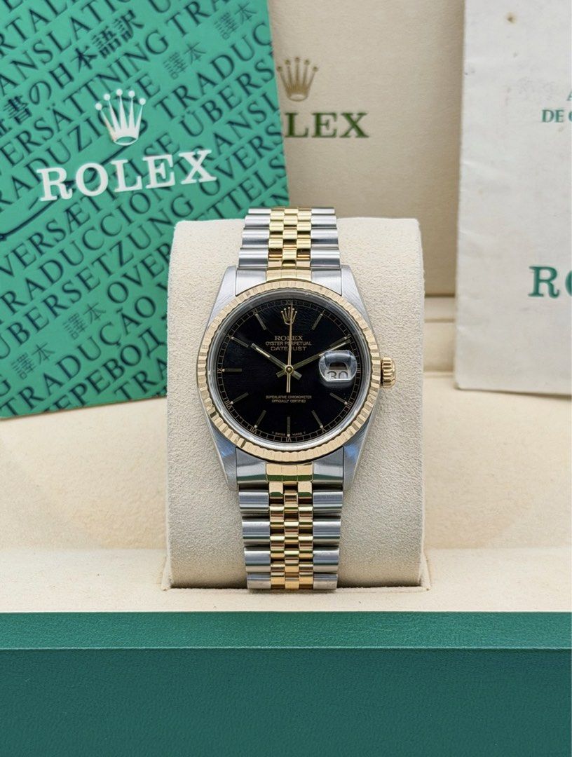 Fullset Rolex Datejust 36mm Black Stick Dial (Category: Luxury Watches) located in Manila. Submitted by timelesseleganceph (Listing ID 1436672718, Image 1). Description: Fullset Rolex Datejust 36mm Black Stick Dial Reference 16233 Size 36mm Dated 1990 18k YG Fluted Bezel in Black Stick Dial on Jubilee Bracelet Complete/Fullset - Box, Warranty Paper, Booklets, Tag.