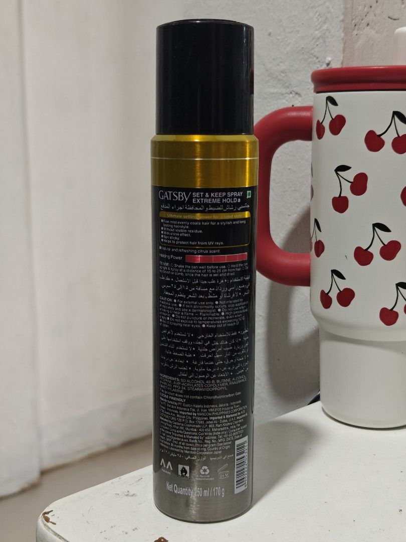Gatsby Set & Keep Spray Extreme Hold Hair Spray (Category: Hair) located in Balanga. Submitted by einein (Listing ID 1436737982, Image 2). Description: - Gatsby Set & Keep Spray Extreme Hold used 3x - Extreme hold and shine - Size: 250ml / 170g - Expiration Date: January 2029 - Color: Black and Gold.
