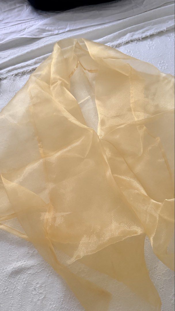 Golden Organza Shawl (Category: Scarves) located in San Pedro. Submitted by courtneyppp (Listing ID 1436731442, Image 3). Description: - Golden organza shawl - Square shape - Lightweight and sheer fabric - Perfect for formal wear/Filipiniana - Adds sophistication to any outfit MOP: Gcash, BPI.