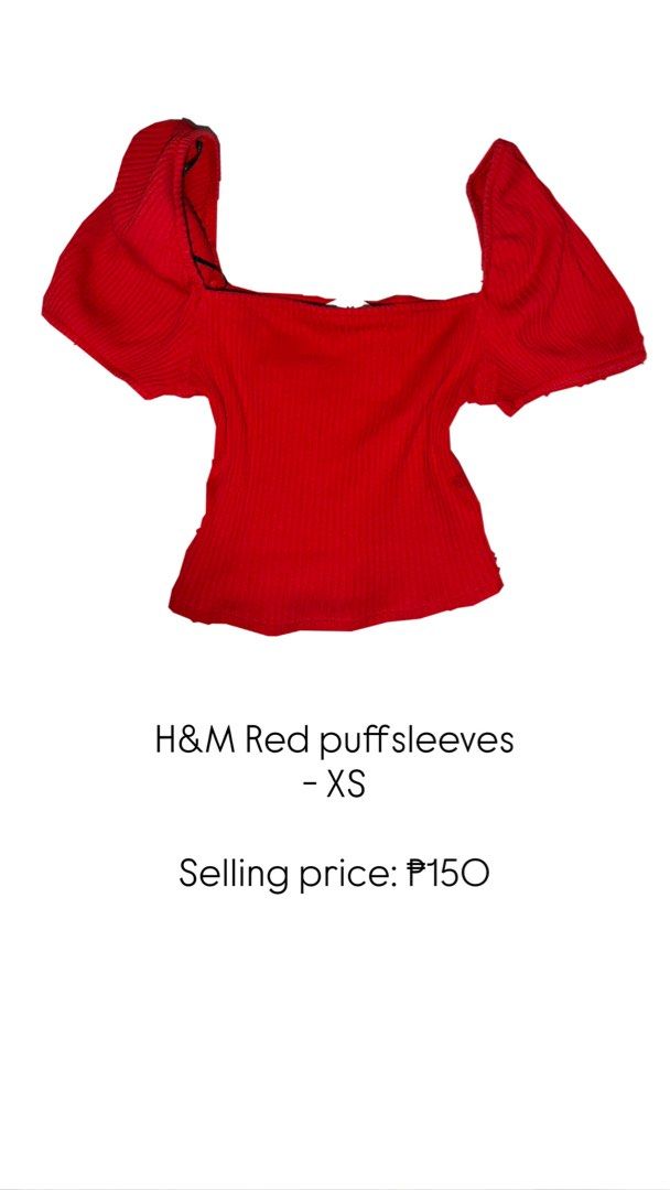 H&M Red Puff Sleeve Top - XS (Category: Blouses) located in Manila. Submitted by joicemrn (Listing ID 1436762997, Image 1). Description: - H&M Red Top - Size: XS - Features: - Puff Sleeves - Square Neckline - Ribbed Texture - Price: ₱150.
